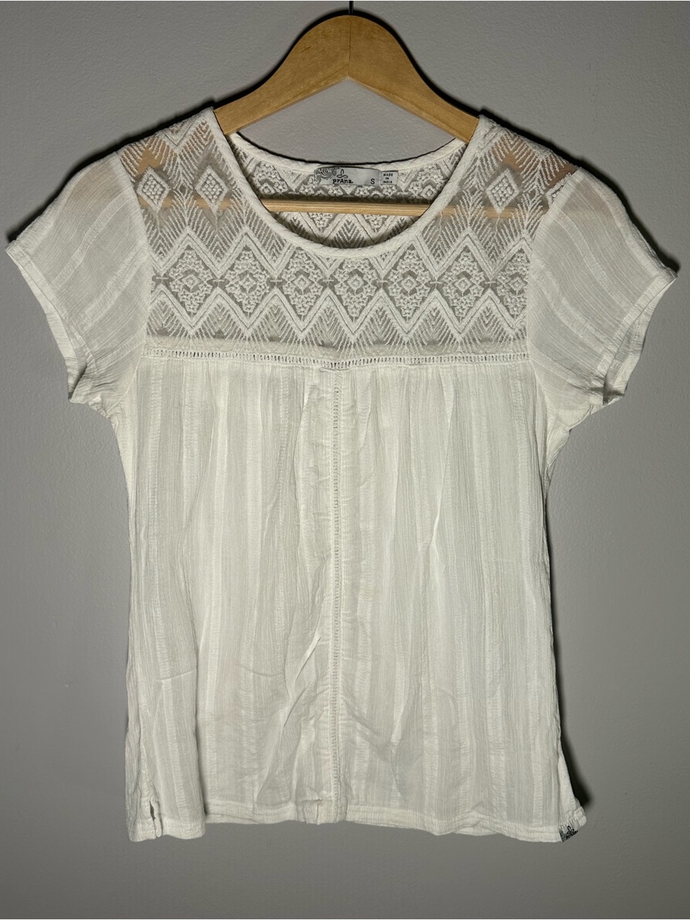 Prana White Lace Yoke Short Sleeve Top